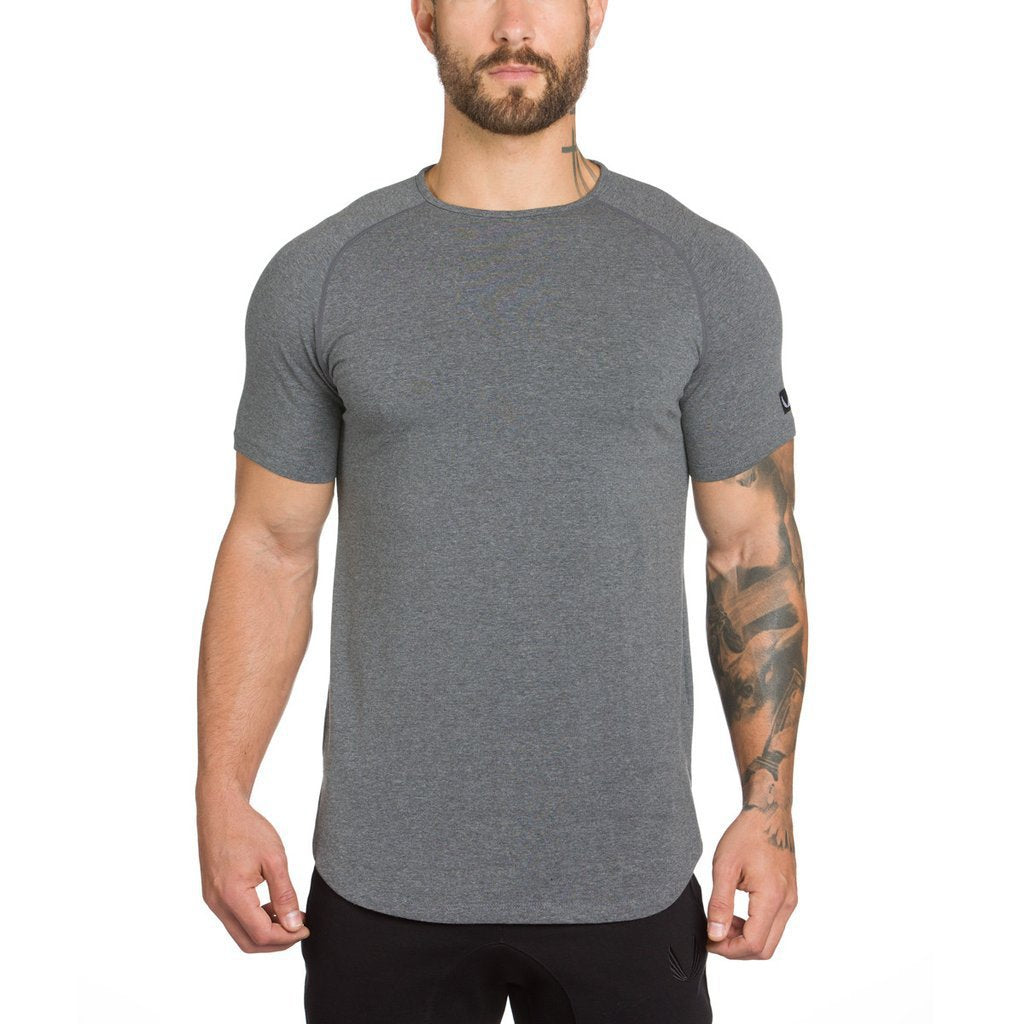 Muscle Master Herren-Rundhals-T-Shirt mit kurzen Ärmeln, zum Sport und Laufen, mit geschwungenem Saumdesign