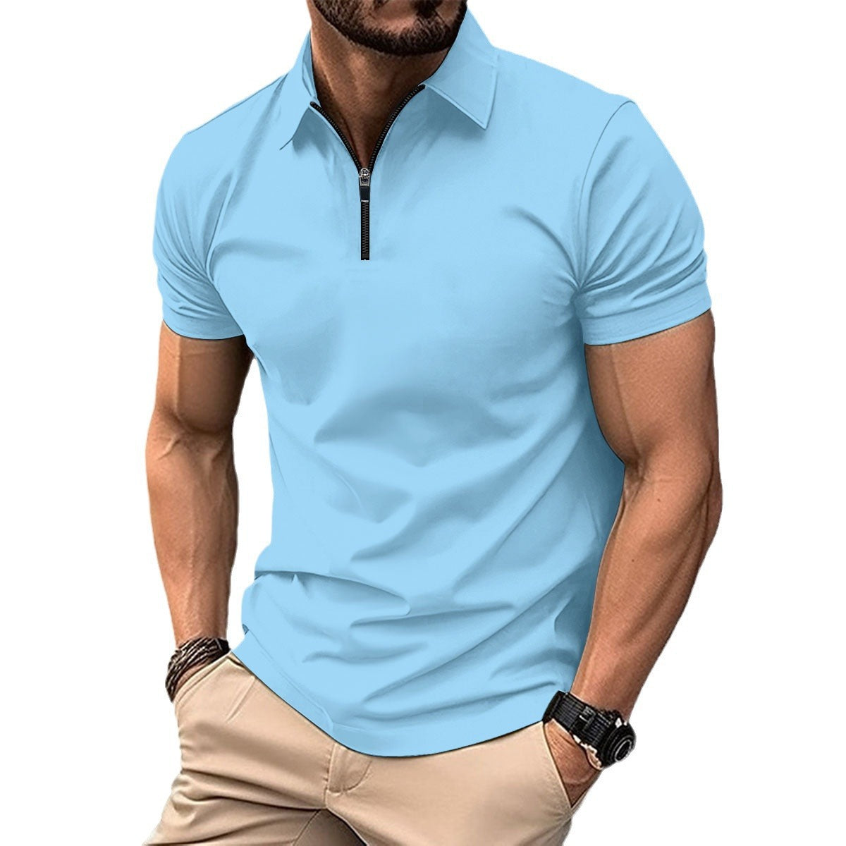 Polo deportivo de color liso con cremallera para hombre.
