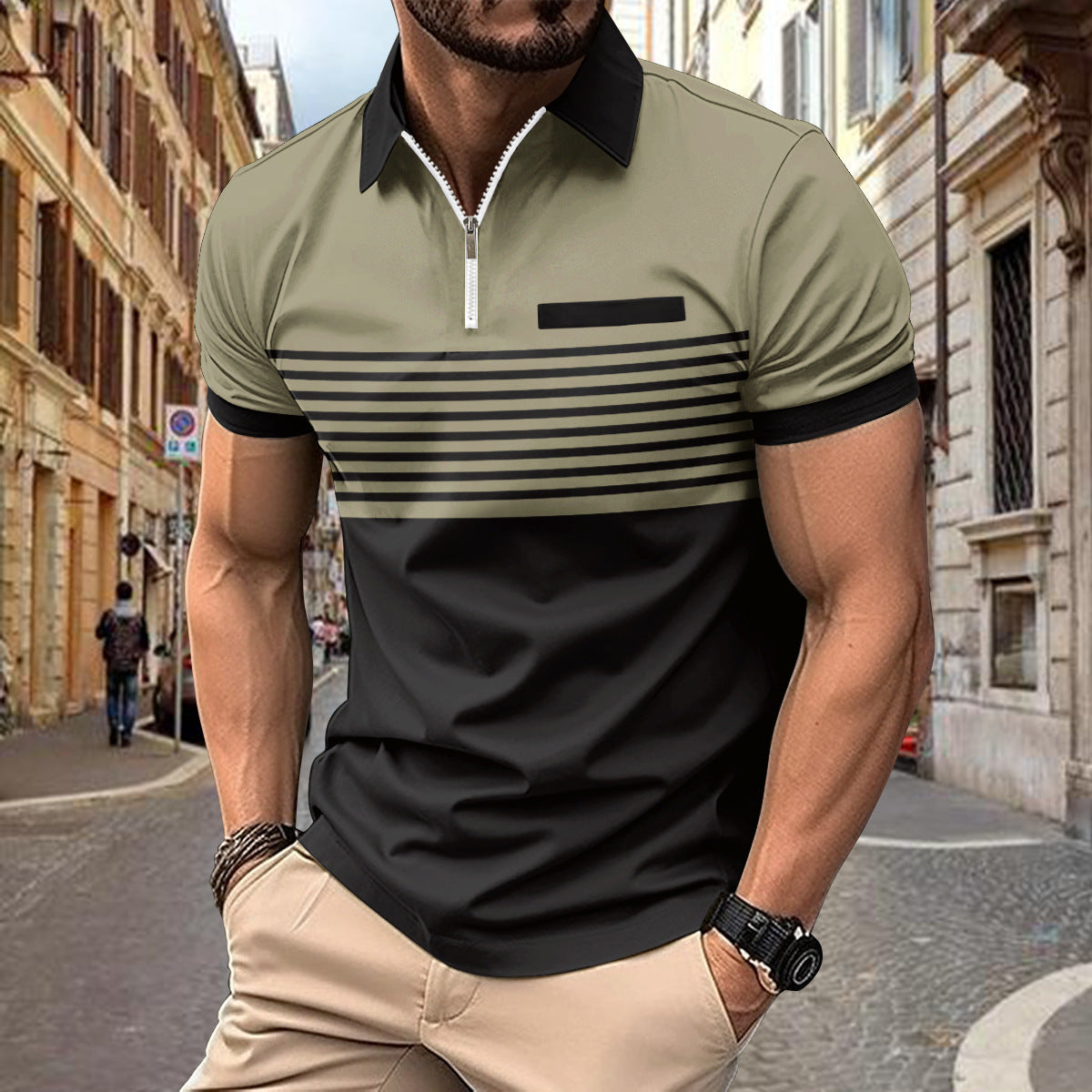 Polo Zipper para hombre, camisa polo estampada a rayas