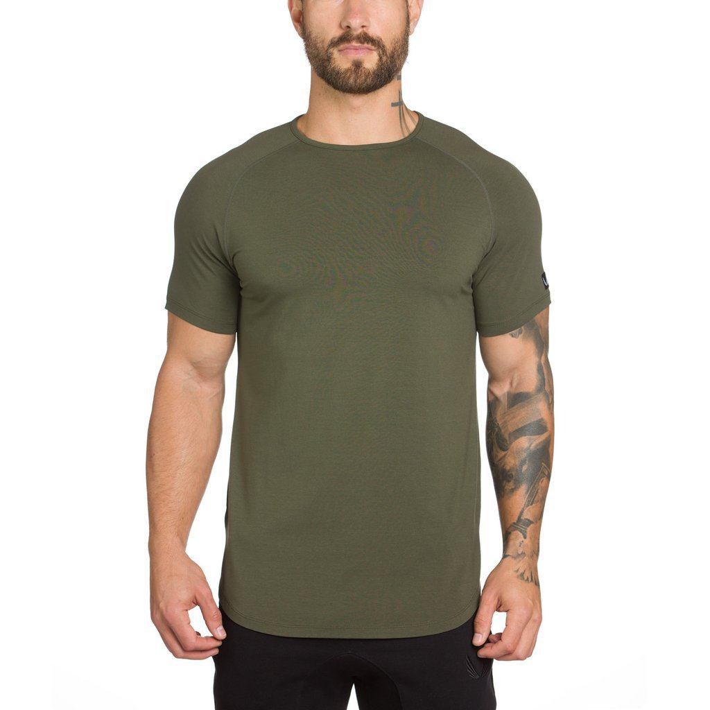 Muscle Master Herren-Rundhals-T-Shirt mit kurzen Ärmeln, zum Sport und Laufen, mit geschwungenem Saumdesign