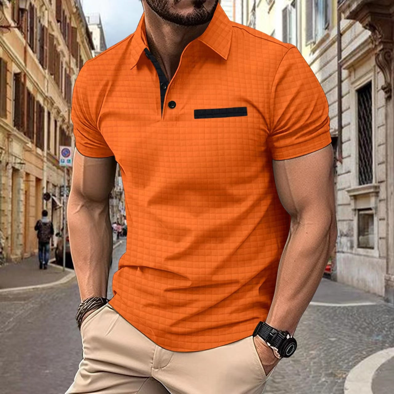 Polo deportivo para hombre con botones, estampado jacquard a cuadros.