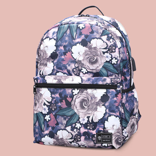 Mochila escolar de dos piezas con estampado de peonías, gran capacidad, mochila escolar floral, mochila USB