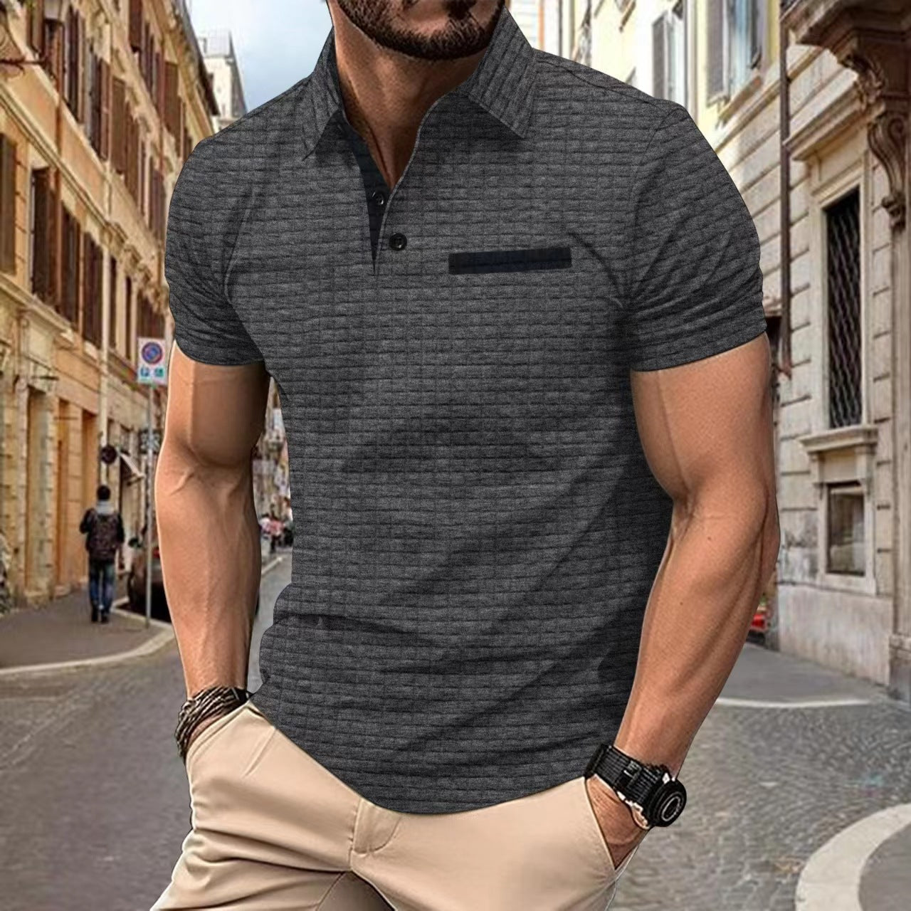 Polo deportivo para hombre con botones, estampado jacquard a cuadros.