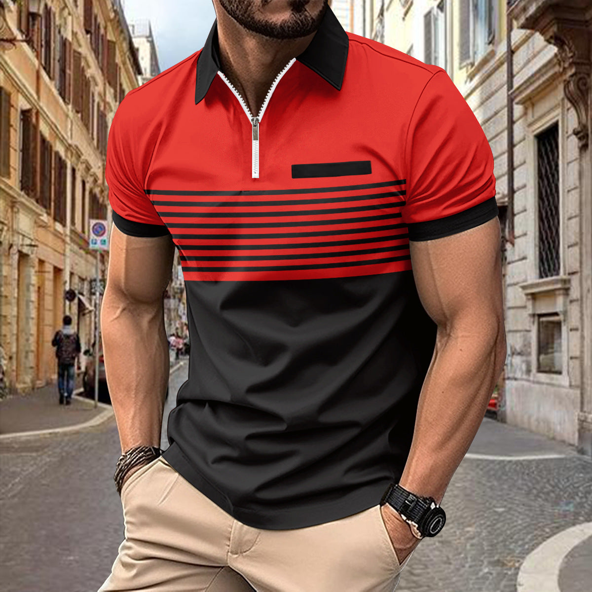 Polo Zipper para hombre, camisa polo estampada a rayas