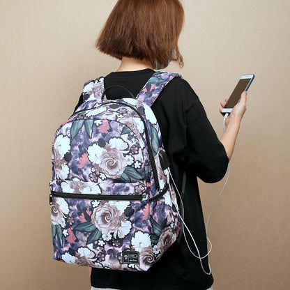 Mochila escolar de dos piezas con estampado de peonías, gran capacidad, mochila escolar floral, mochila USB