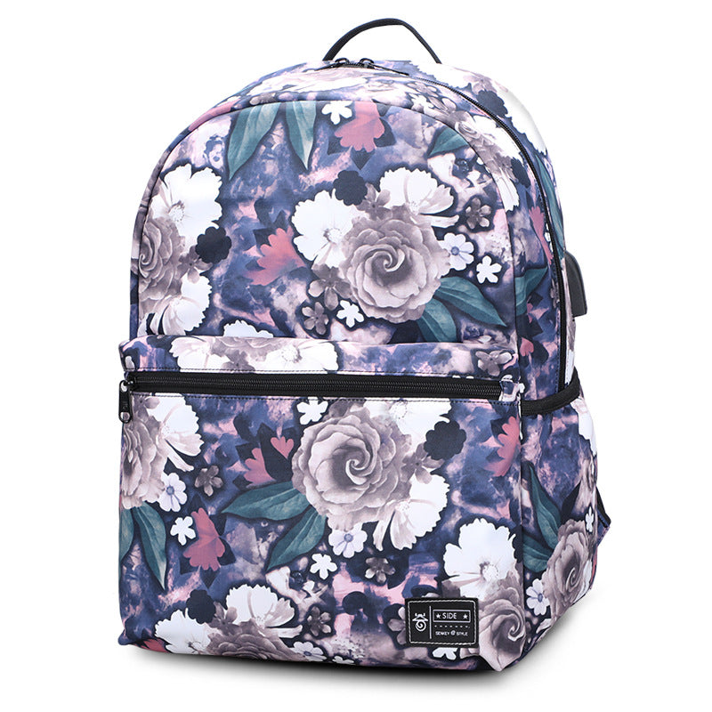 Mochila escolar de dos piezas con estampado de peonías, gran capacidad, mochila escolar floral, mochila USB