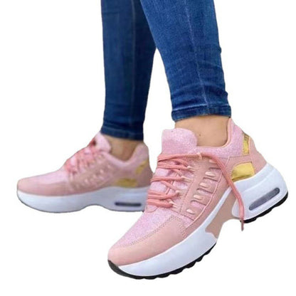 Damen-Freizeitschuhe mit fliegender Webart, Keilabsatz und runder Spitze